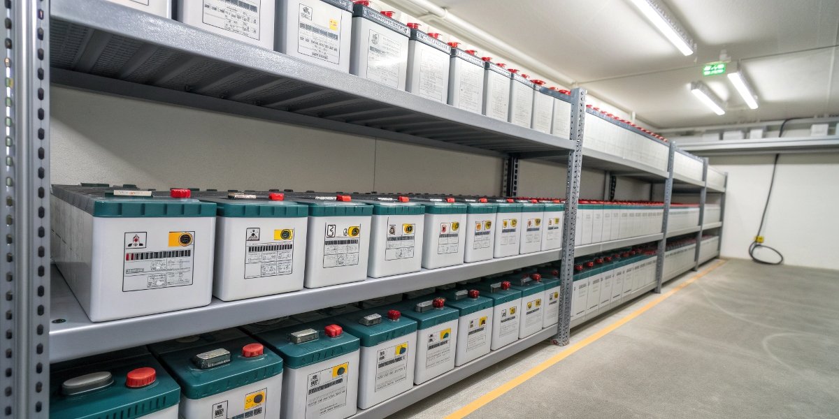 A row of LiPo batteries stored neatly on a shelf in a cool environment
