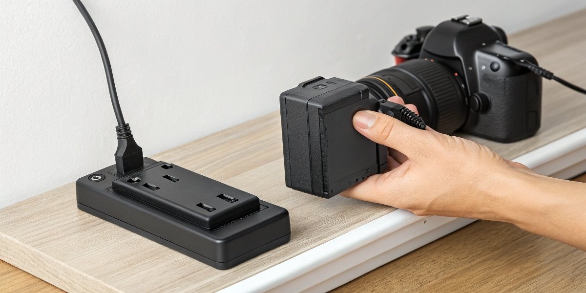 A Canon camera battery being placed into its dedicated wall charger