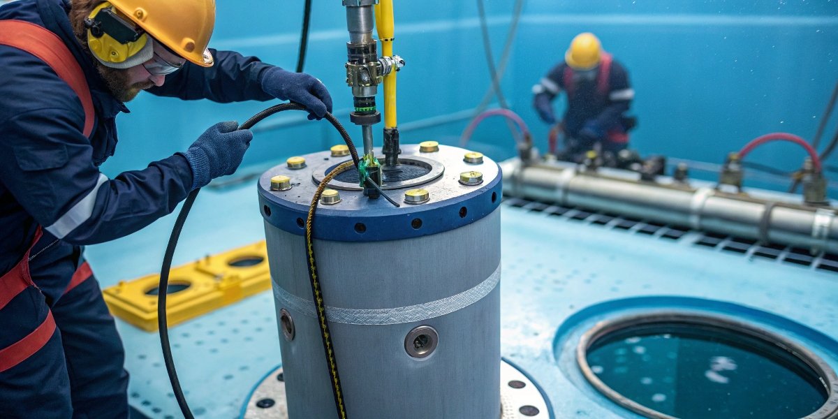A waterproof Li-MnO₂ battery pack being installed into a subsea research instrument