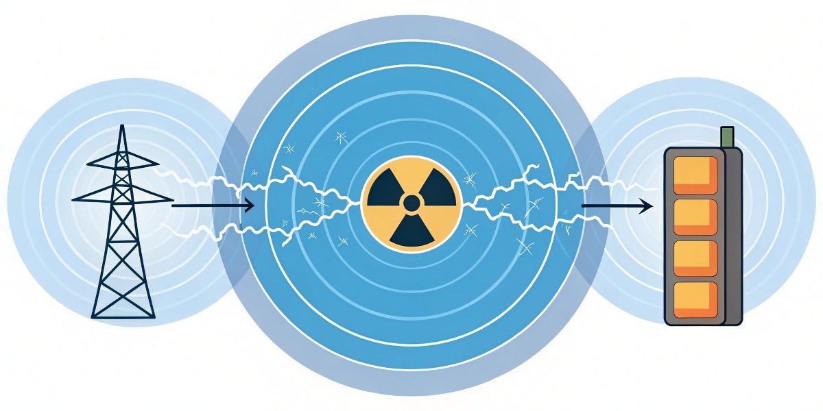 A diagram showing the difference between harmful ionizing radiation (like X-rays) and harmless non-ionizing radiation (like EMF from batteries)