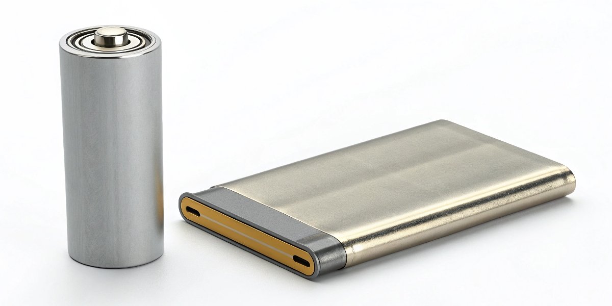 A cylindrical Li-ion battery next to a flat, pouch-style Li-Po battery