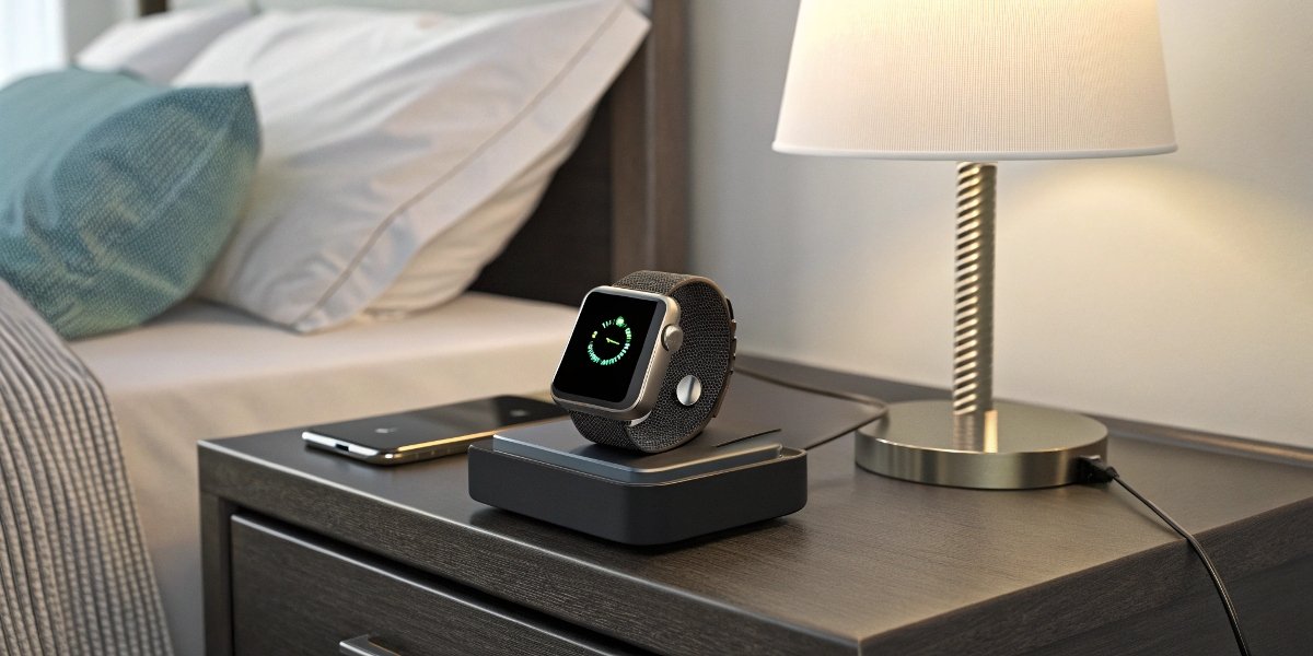A smartwatch charging on a nightstand with the screen showing 100%
