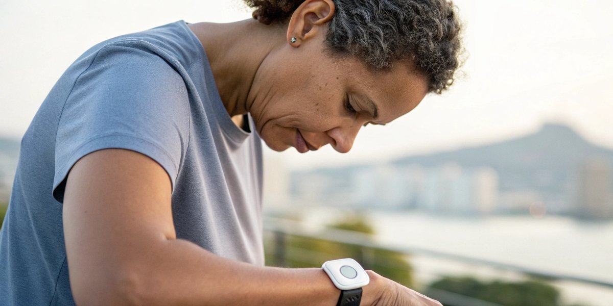 A person wearing a medical monitoring patch looking at their watch with concern
