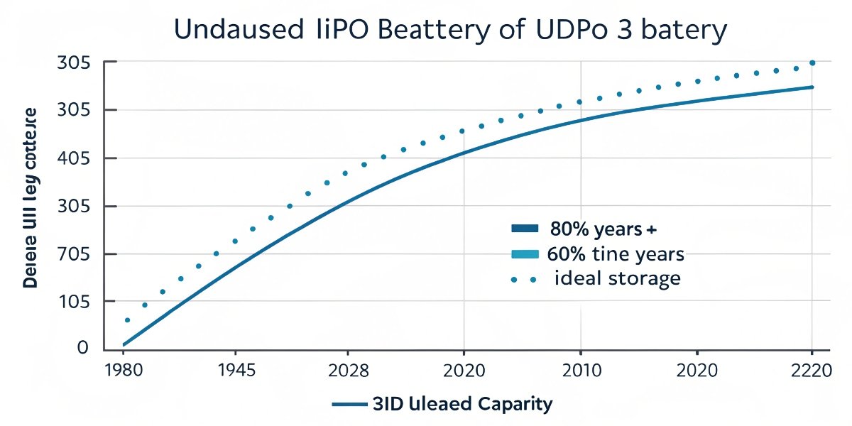 A graph showing LiPo battery capacity decline over 3 years under ideal storage conditions