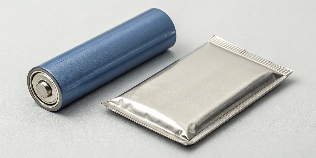 A cylindrical 18650 lithium-ion battery next to a flat lithium polymer pouch battery