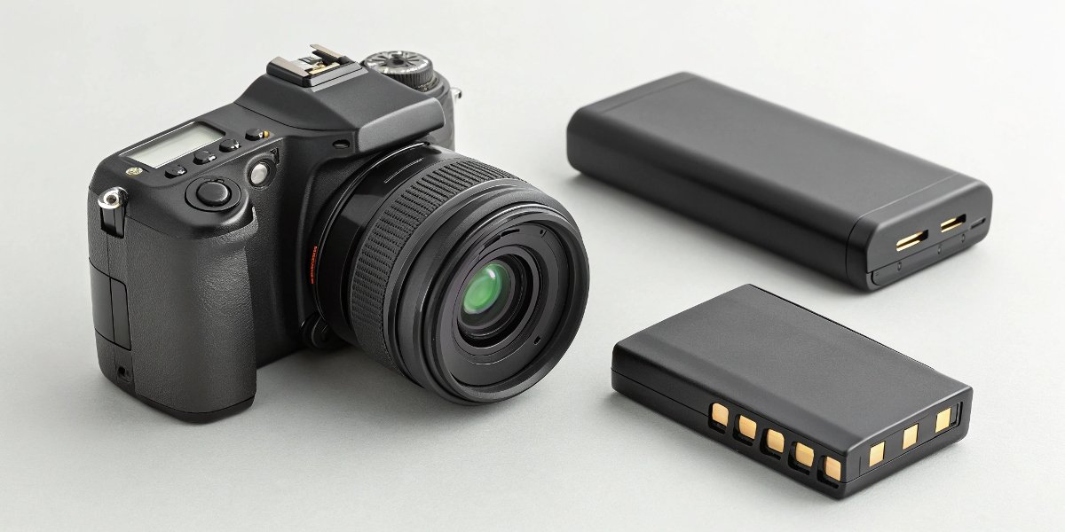 A high-performance rechargeable Li-ion camera battery next to a professional digital camera