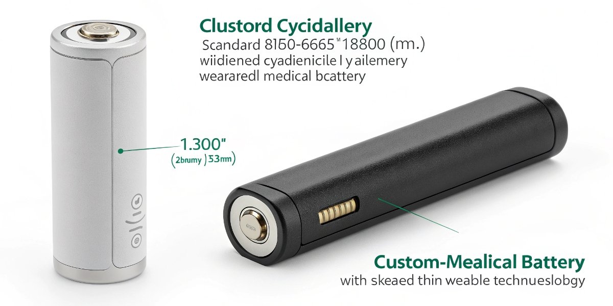 A standard cylindrical battery shown next to a thin, custom-shaped wearable battery
