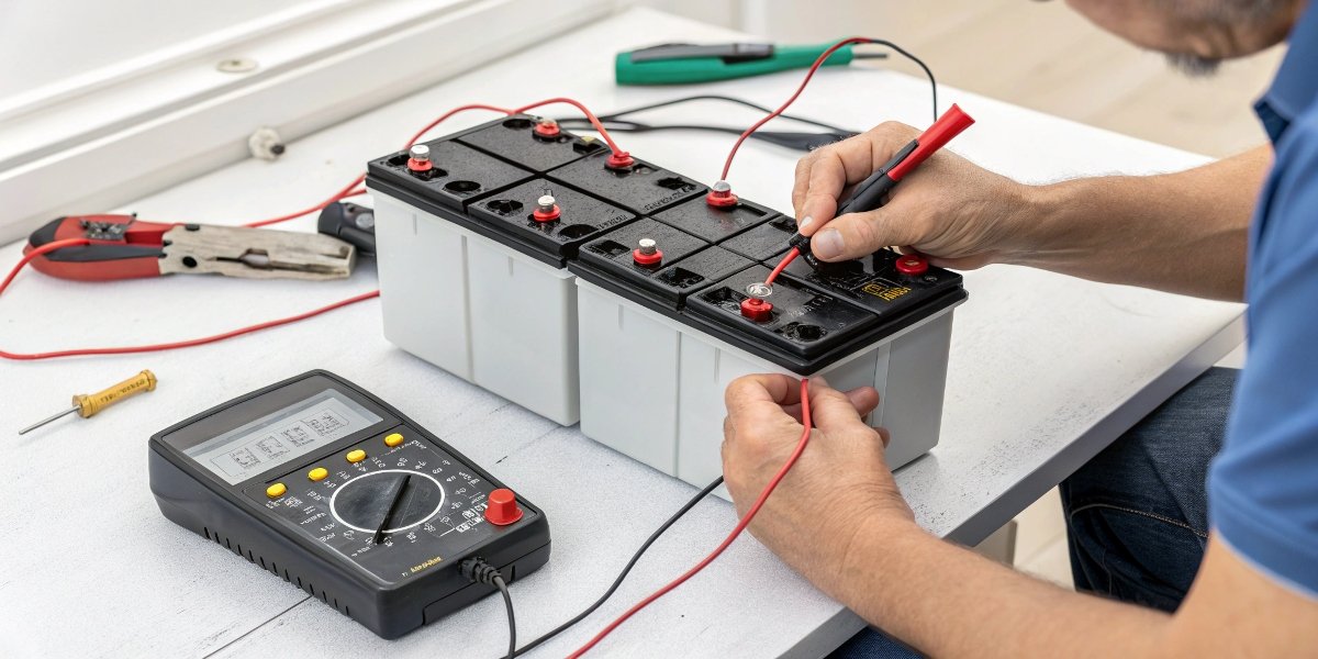 A person inspecting a LiPo battery with a multimeter for voltage testing