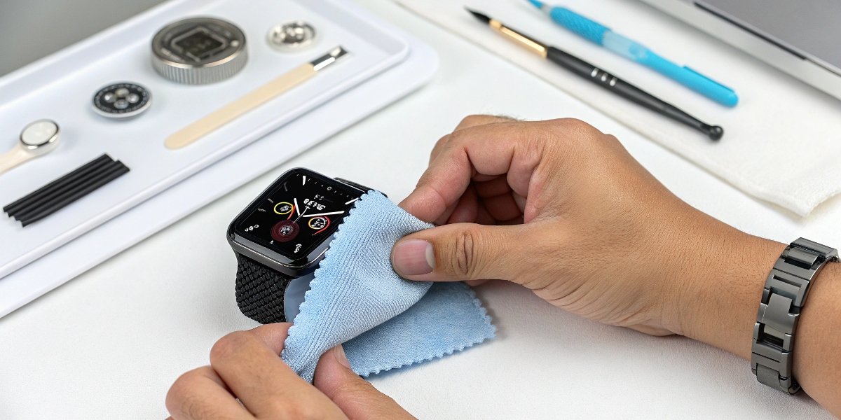 A person cleaning the magnetic charging contacts on a smartwatch with a soft cloth