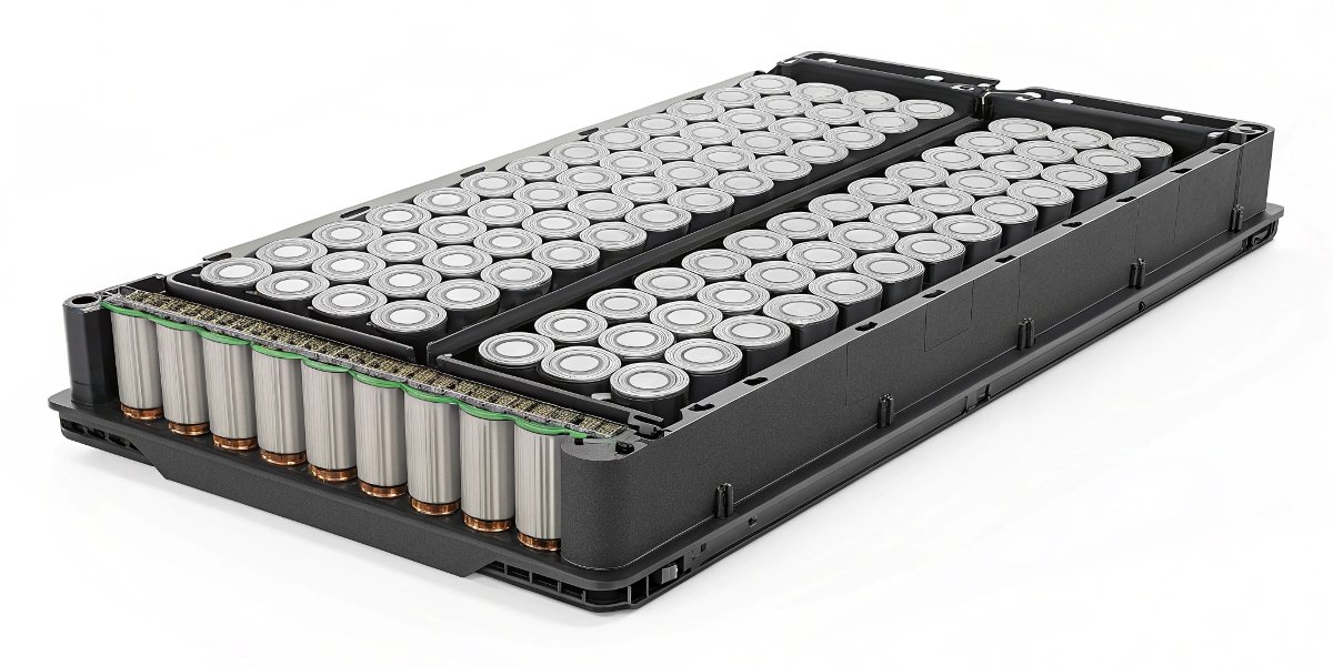 An open Tesla battery pack revealing the thousands of cylindrical Li-ion cells inside