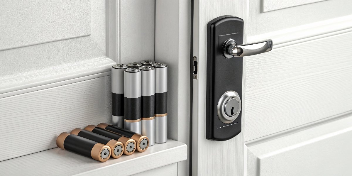 A set of AA Lithium batteries next to a sleek digital smart lock on a front door
