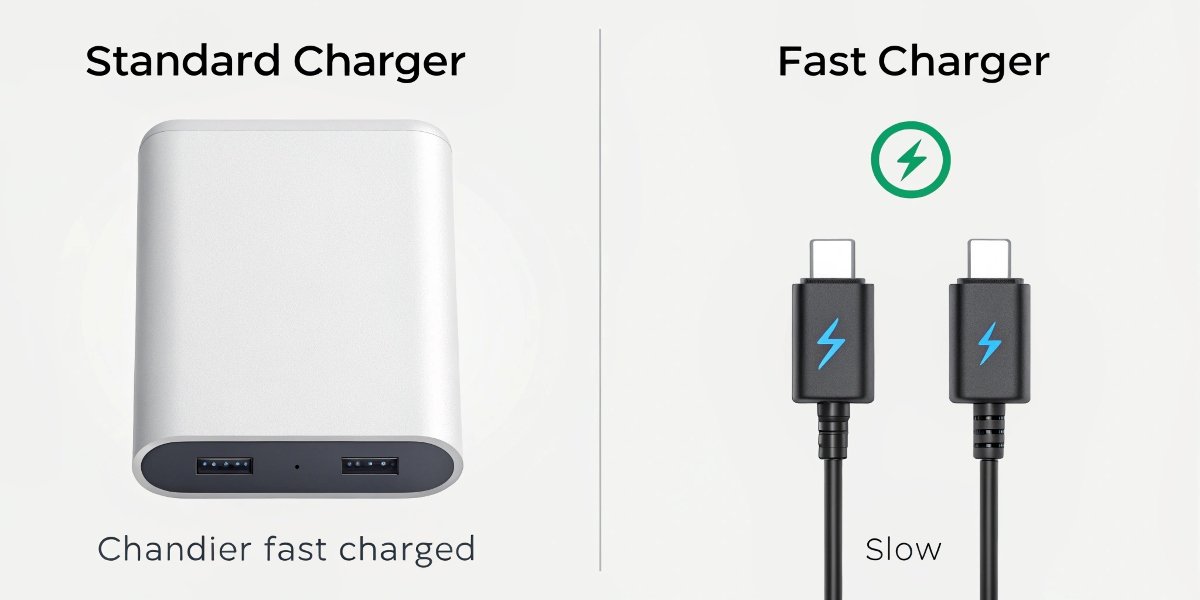A comparison between a standard charger and a "fast charger" with icons indicating speed and battery health