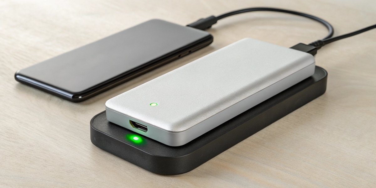 A battery on a charger with a green light indicating it is fully charged and safe