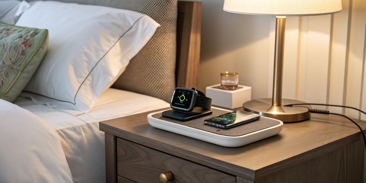 A smartwatch on its charger on a nightstand next to a bed