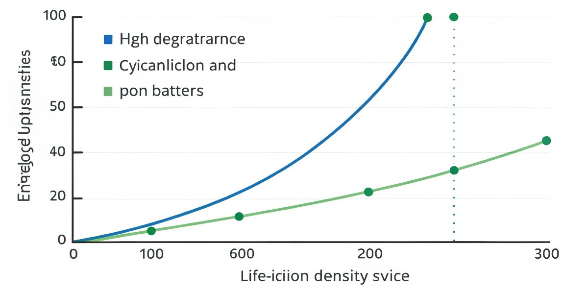 A graph showing the typical cycle life degradation of Li-ion vs Li-Po batteries