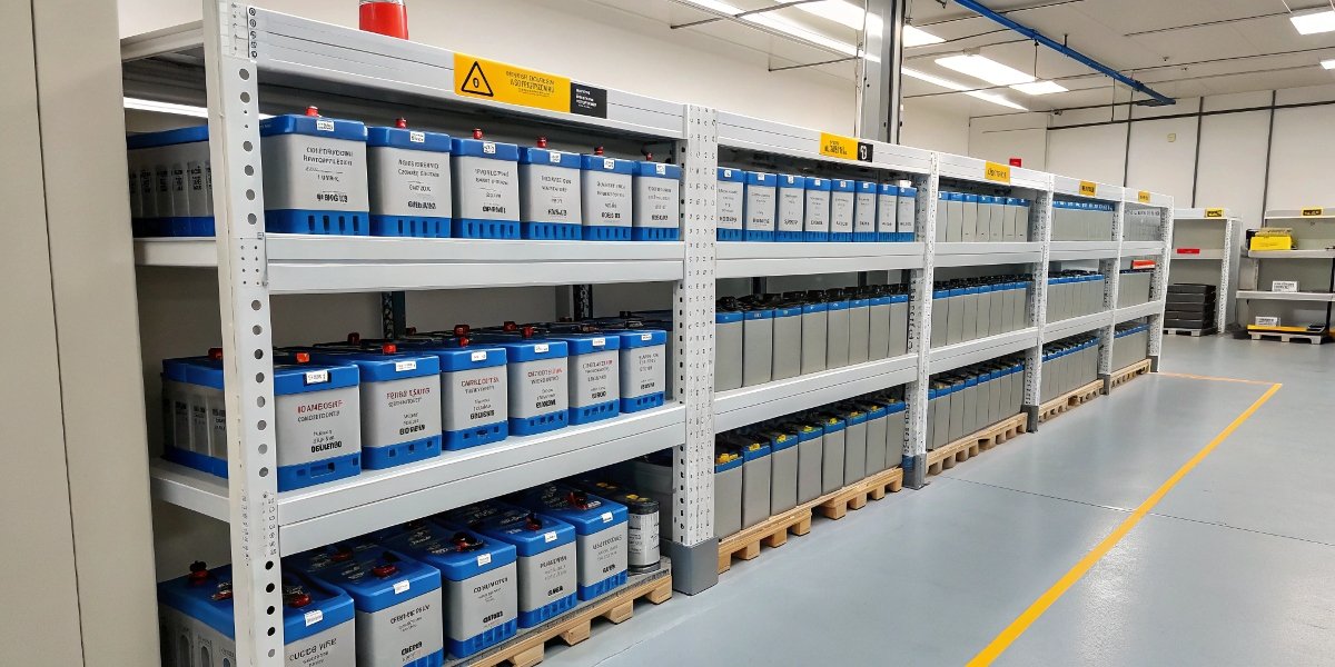 Lithium polymer batteries stored correctly on shelves in a warehouse