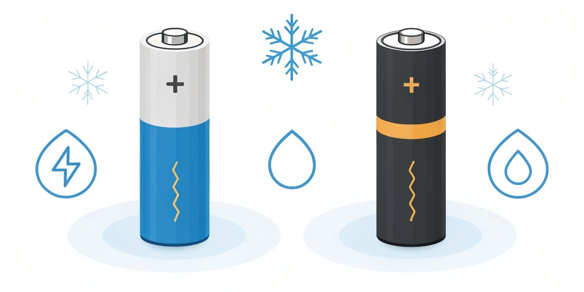 A comparison an Alkaline AA battery and a Lithium L91 AA battery with icons for temperature and lifespan