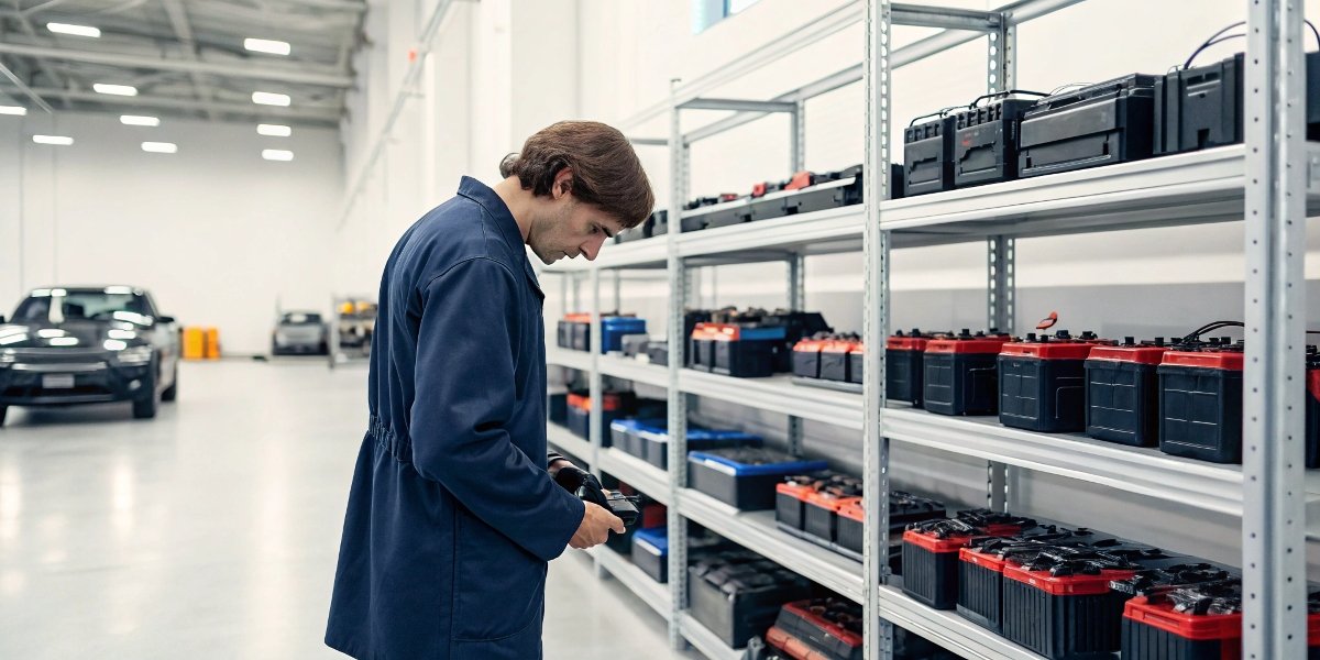 A person selecting a car battery charger in an auto parts store, looking at the different types available