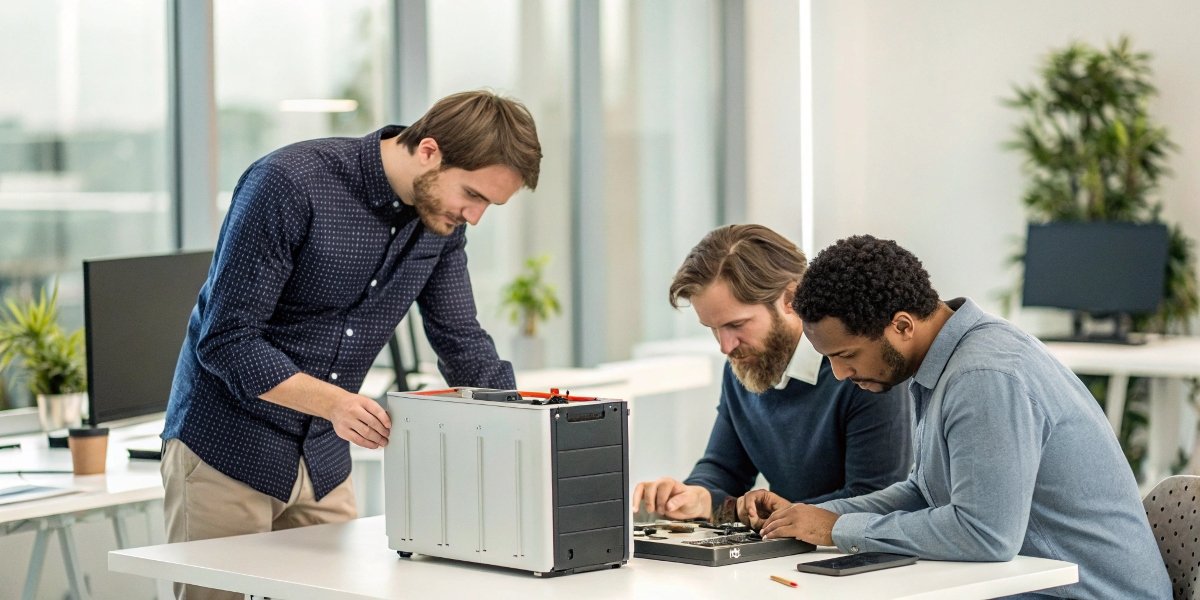 A small team of startup engineers collaborating on a device design with a battery