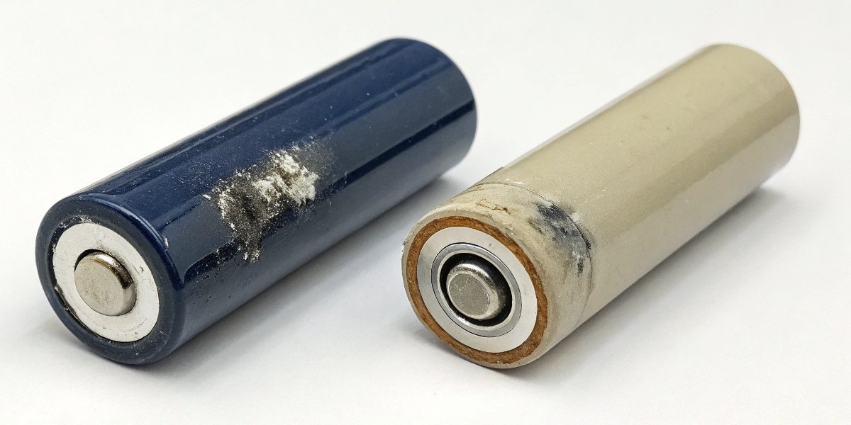 Good vs. Bad Lithium-ion Cell A side-by-side comparison showing a healthy 21700 cell next to a swollen and damaged one