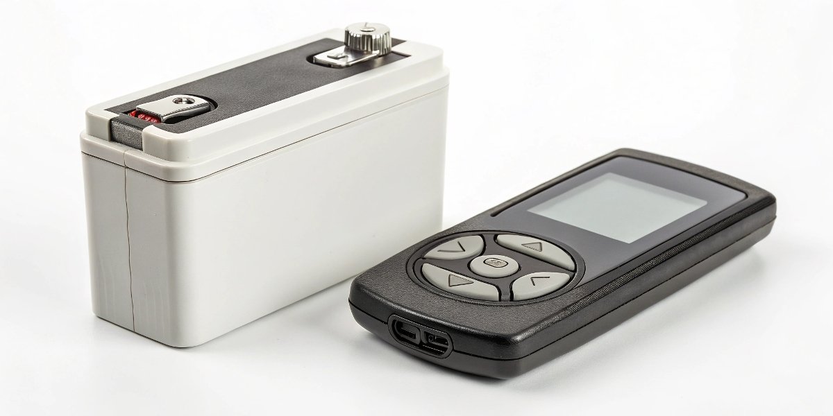 A sterile, medical-grade battery pack with certification symbols next to a generic insulin pump device