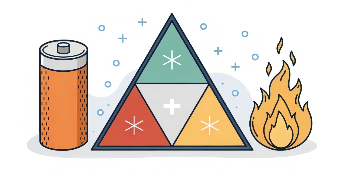 An illustration showing the "fire triangle" of heat, fuel, and oxygen next to an NMC battery cell to represent thermal runaway risk