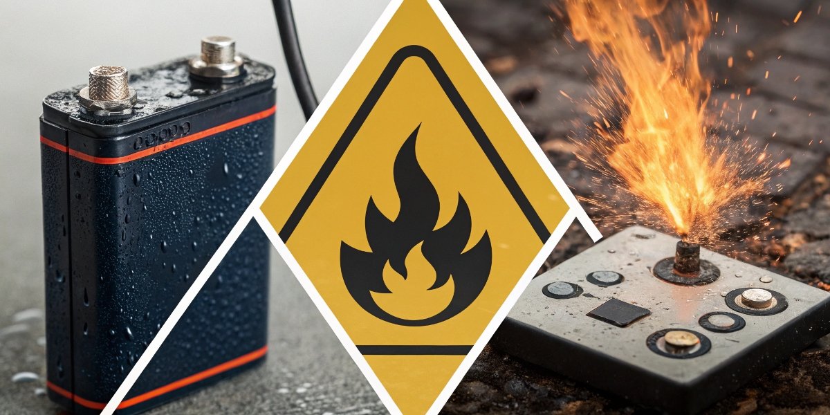 A collage showing real battery hazards: a leaking battery, a fire symbol, and a short-circuit warning