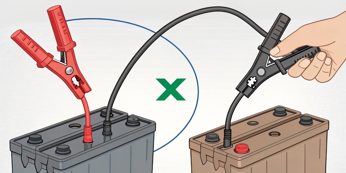 A clear diagram showing the correct order for connecting and disconnecting charger clamps to a car battery's terminals