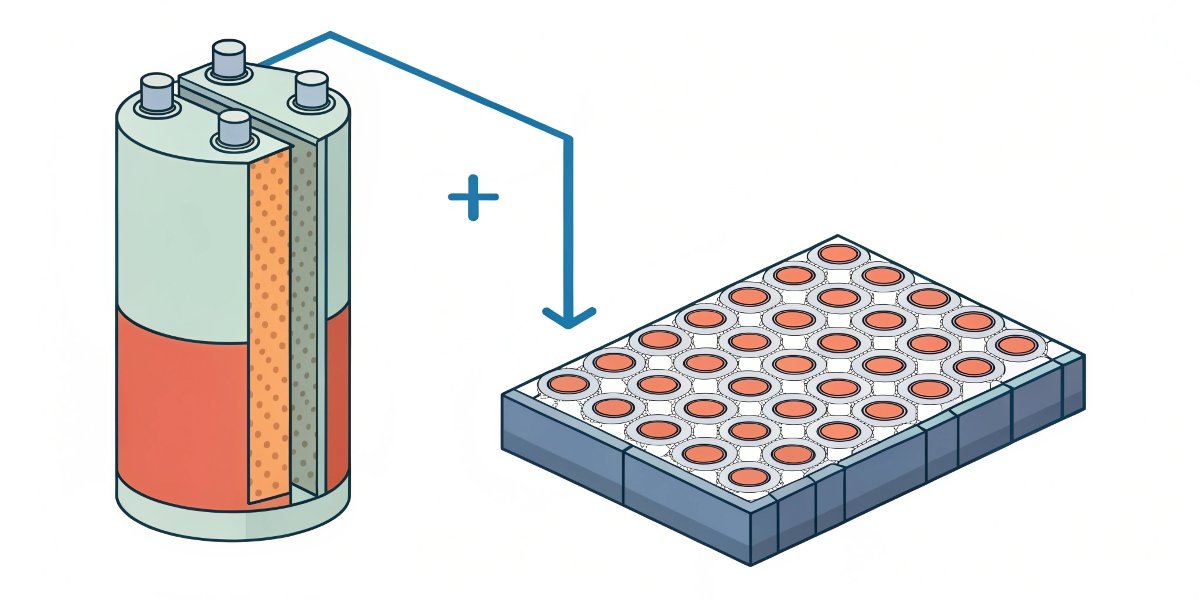 A simplified diagram showing a battery's anode made of lithium and cathode made of manganese dioxide