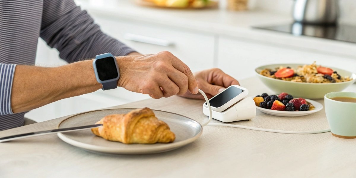 A person placing their smartwatch on a charger while they eat breakfast, a perfect example of fragmented charging