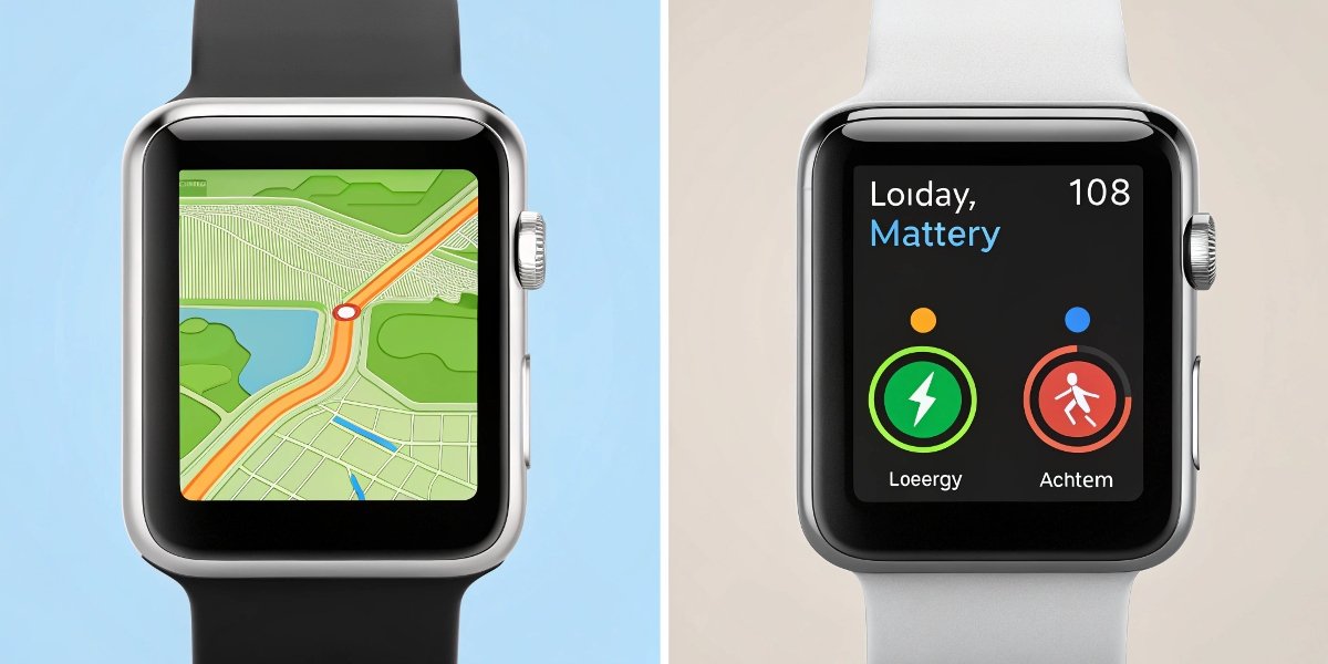 A split screen showing a smartwatch during a GPS run with high battery usage, versus the same watch in standby with low battery usage