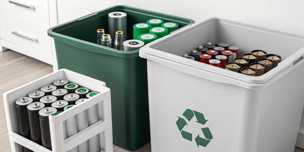 A collection bin specifically for battery recycling with various types of batteries