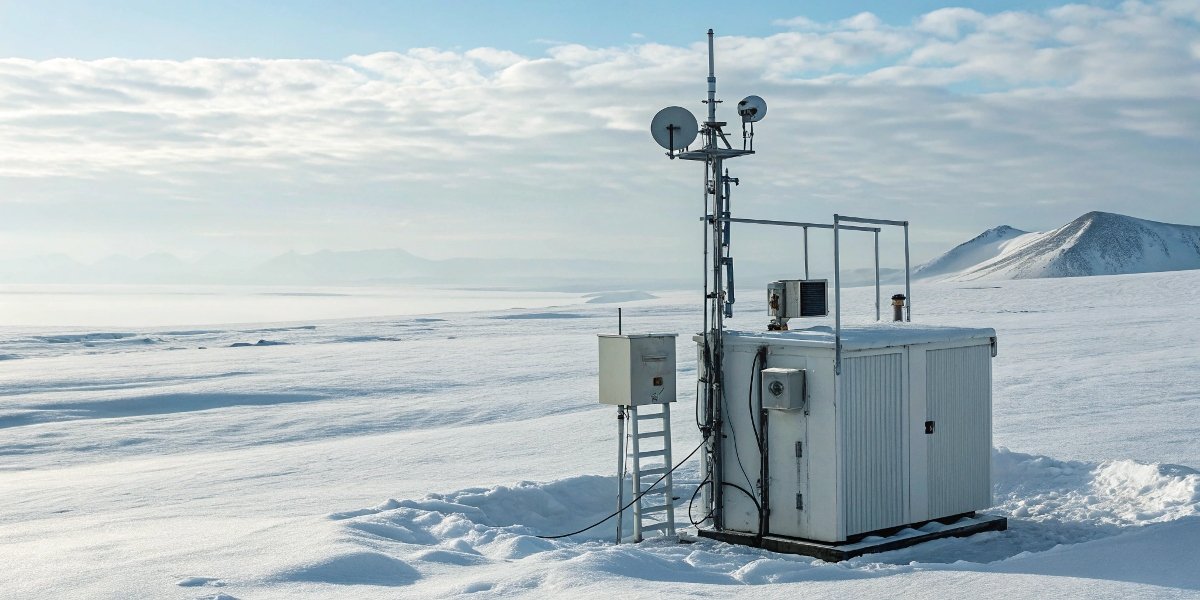 A weather station operating in a snowy, freezing environment, powered by a temperature-resistant battery