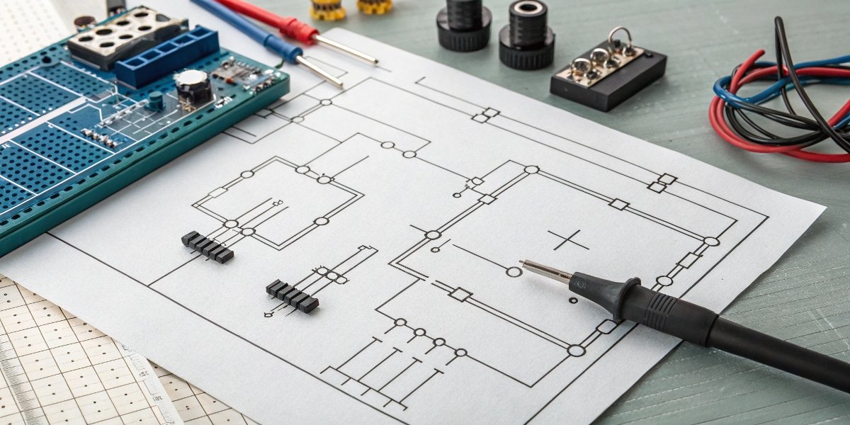 LiPo Charging Circuit Diagram and Components A detailed schematic of a LiPo charging circuit on an engineer's workbench with components nearby