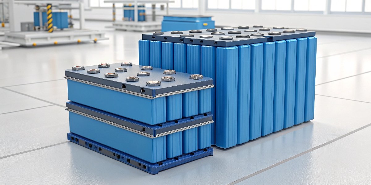 A stack of blue LiFePO4 prismatic cells ready for assembly