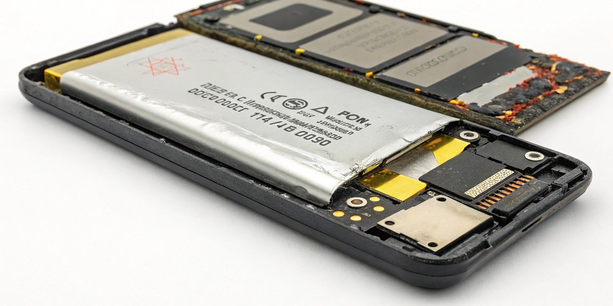 Internal view of a swollen LiPo battery showing deformation