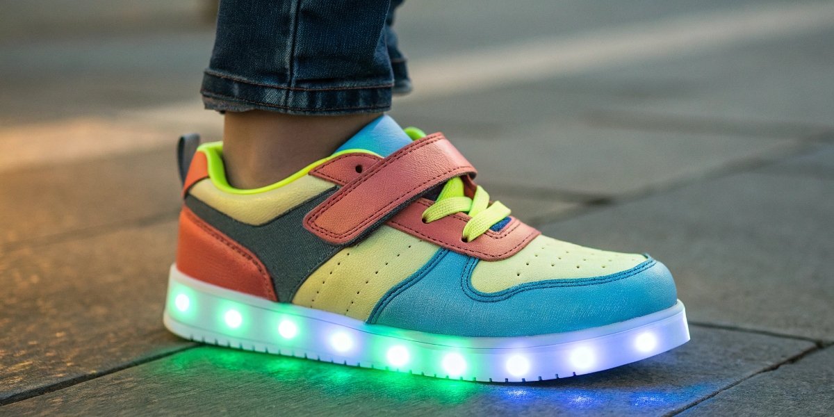 A child's colorful smart shoe with glowing lights on the sole, indicating its smart features