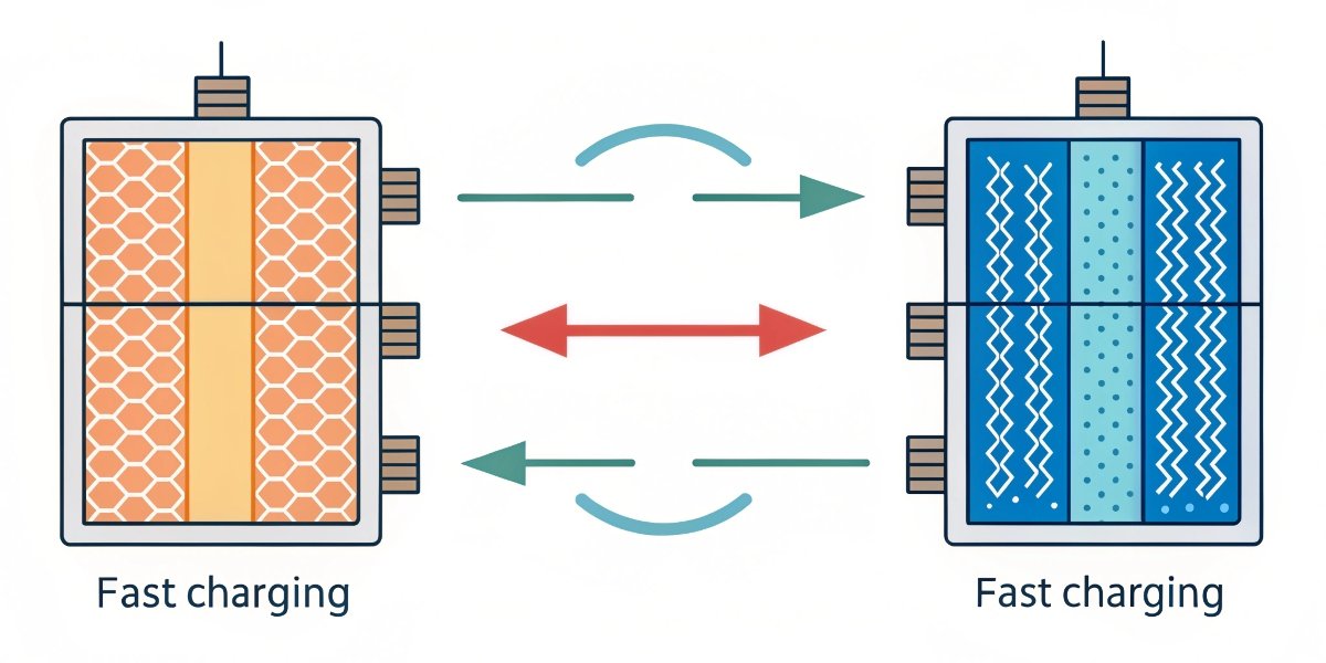 A diagram showing the difference between proper ion flow (slow charge) and lithium plating (fast charge) in a battery cell