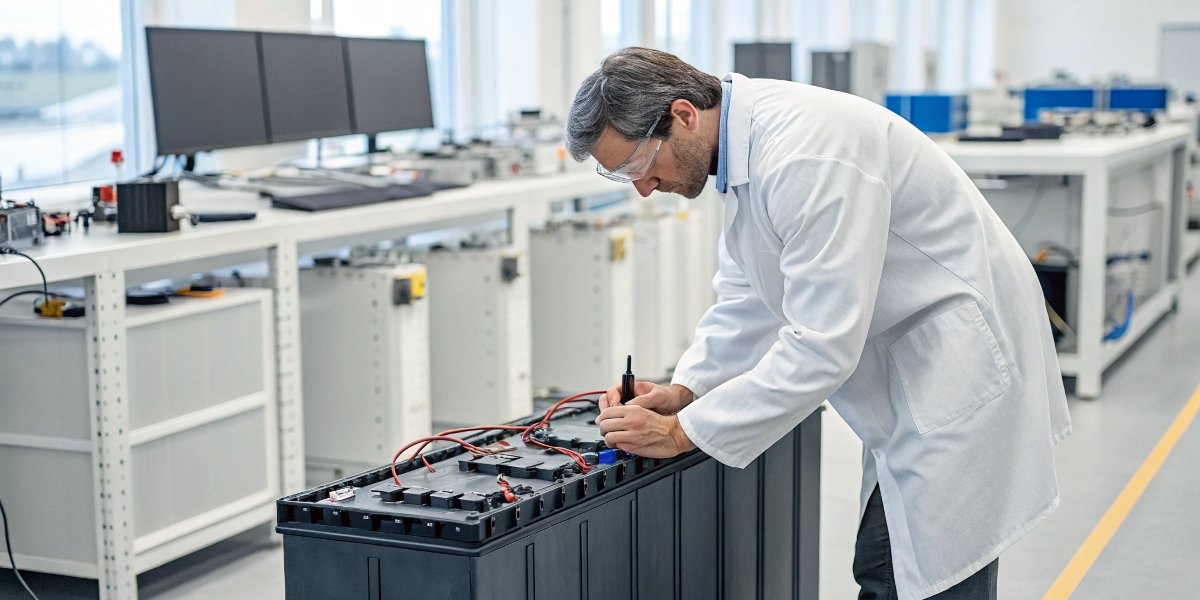 An engineer inspecting a LiFePO4 battery pack in a lab setting