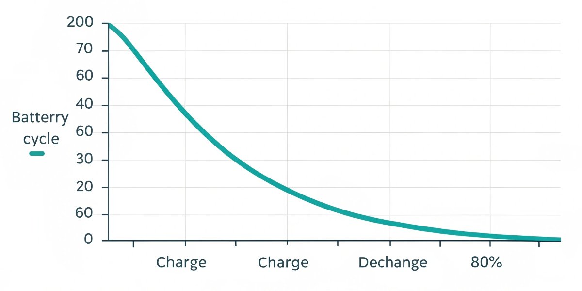 Battery Cycle Life vs. Depth of Discharge Chart A graph showing battery cycle life increasing when kept within the 20-80% charge range