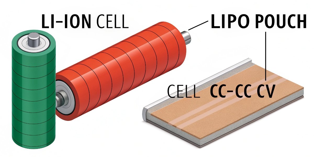 Li-ion Cylindrical Cell vs. LiPo Pouch Cell Construction A side-by-side comparison diagram showing a cylindrical Li-ion cell and a flat LiPo pouch cell, highlighting their different constructions.