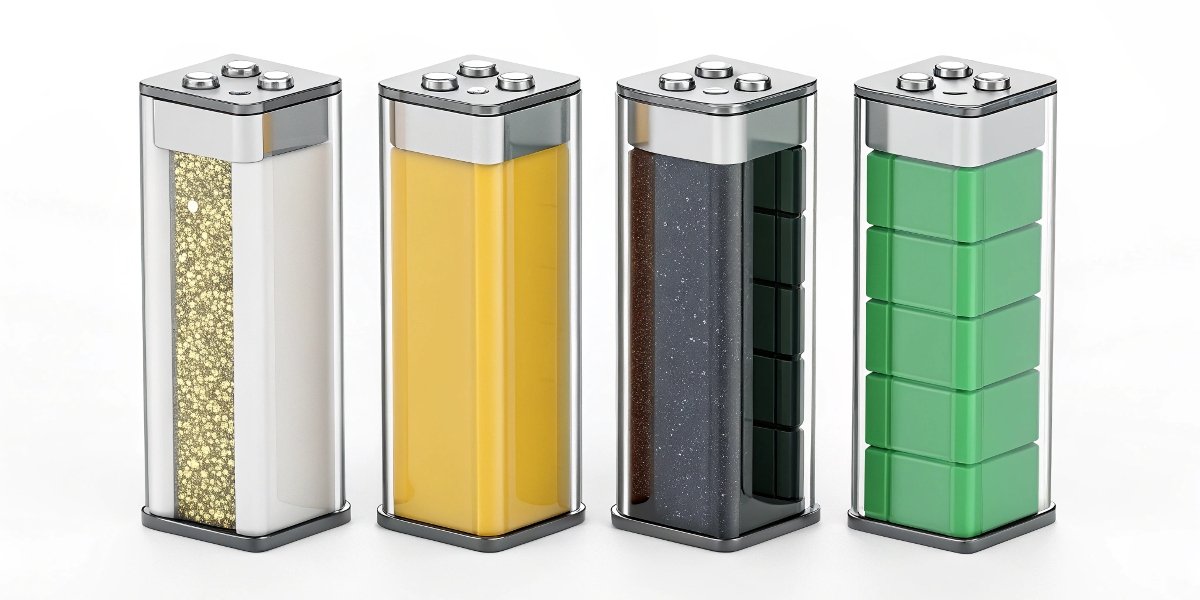 A display showing four different next-generation battery cells: Solid-State, Sodium-Ion, Lithium-Sulfur, and Silicon Anode