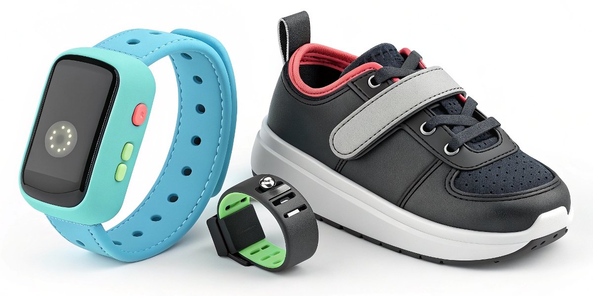 A collection of kids' wearable devices, including a smartwatch, fitness band, and a smart shoe