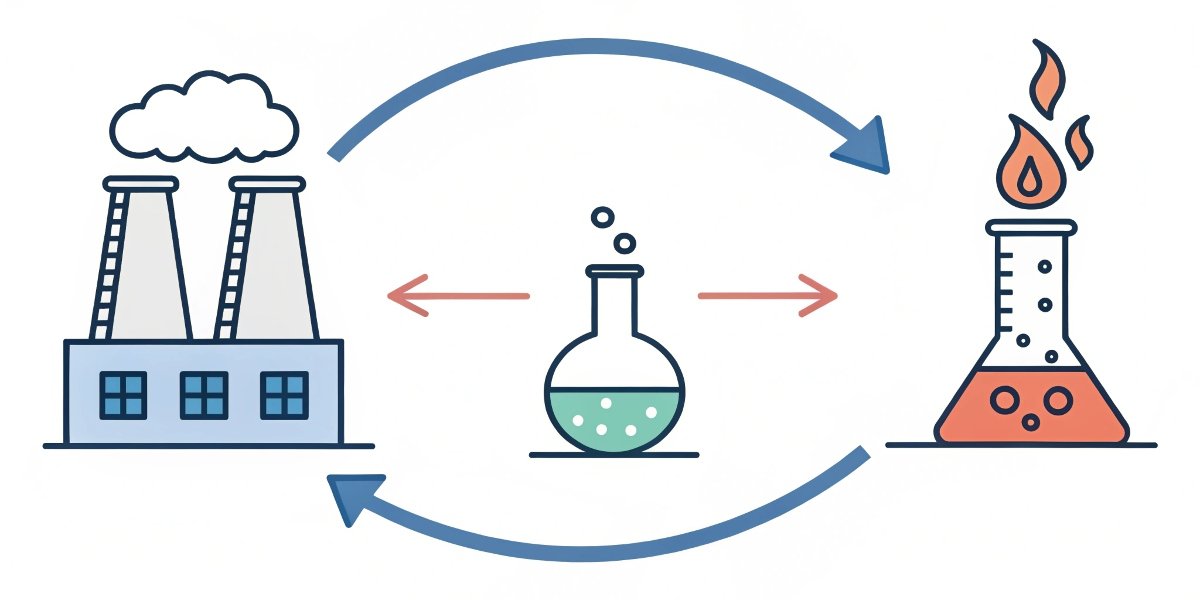A simple diagram comparing a one-way irreversible chemical reaction to a circular, reversible reaction