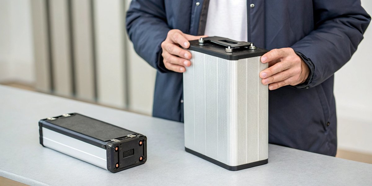 A person comparing a bulky LiFePO4 battery to a smaller lithium-ion battery of the same capacity