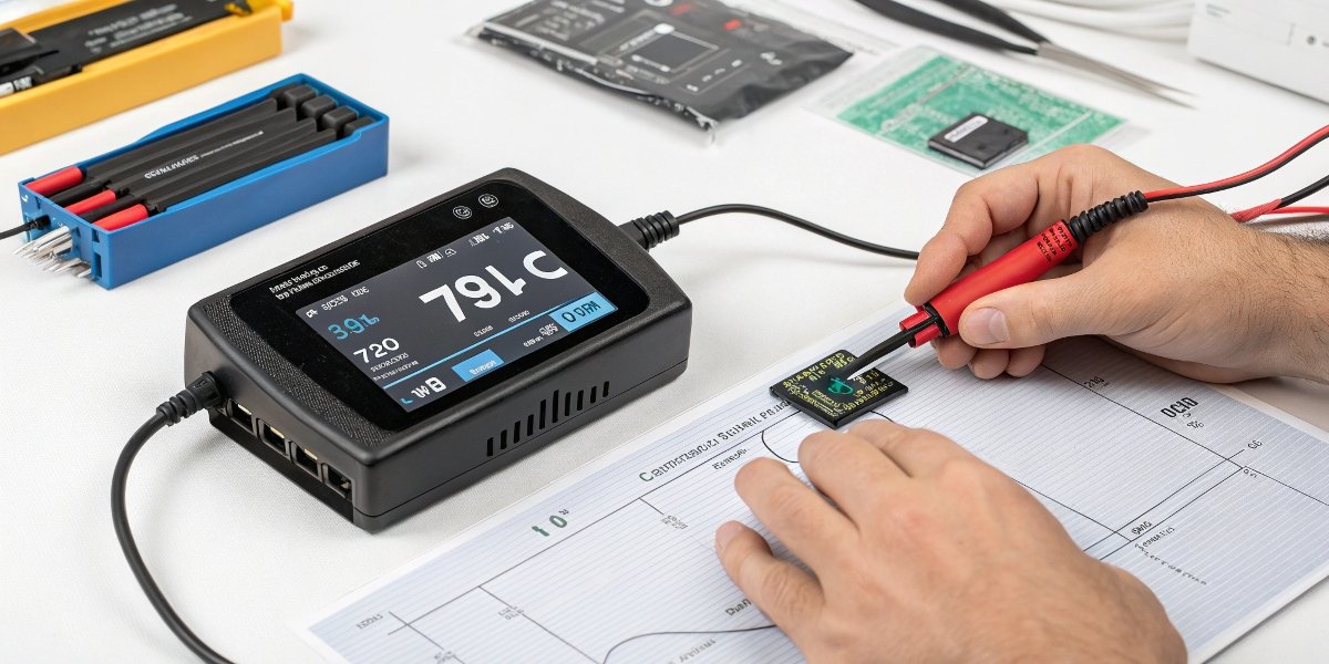 Setting Up a Smart Charger for a LiPo Battery A person setting up a smart charger with a LiPo battery, showing the digital screen with voltage and current settings clearly visible.
