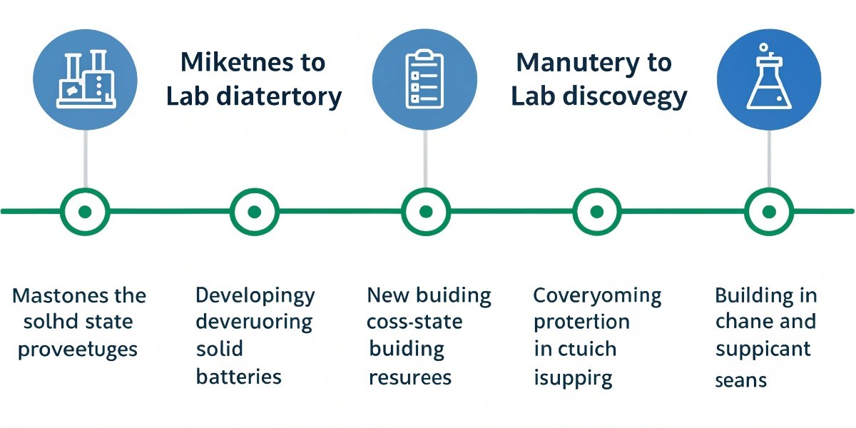 A timeline graphic showing the journey of a battery from lab discovery in 2020 to mass production in 2030
