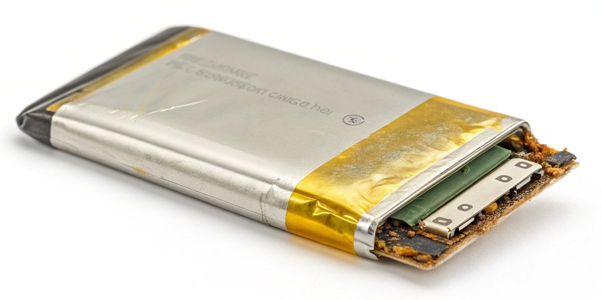 A damaged LiPo pouch cell with signs of internal stress