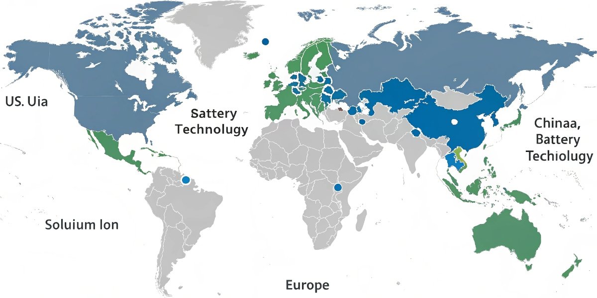 A world map with highlighted innovation hubs for battery technology in China, the US, and Europe