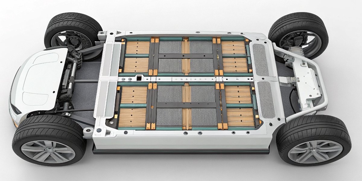 A diagram showing the battery pack layout in an electric car chassis